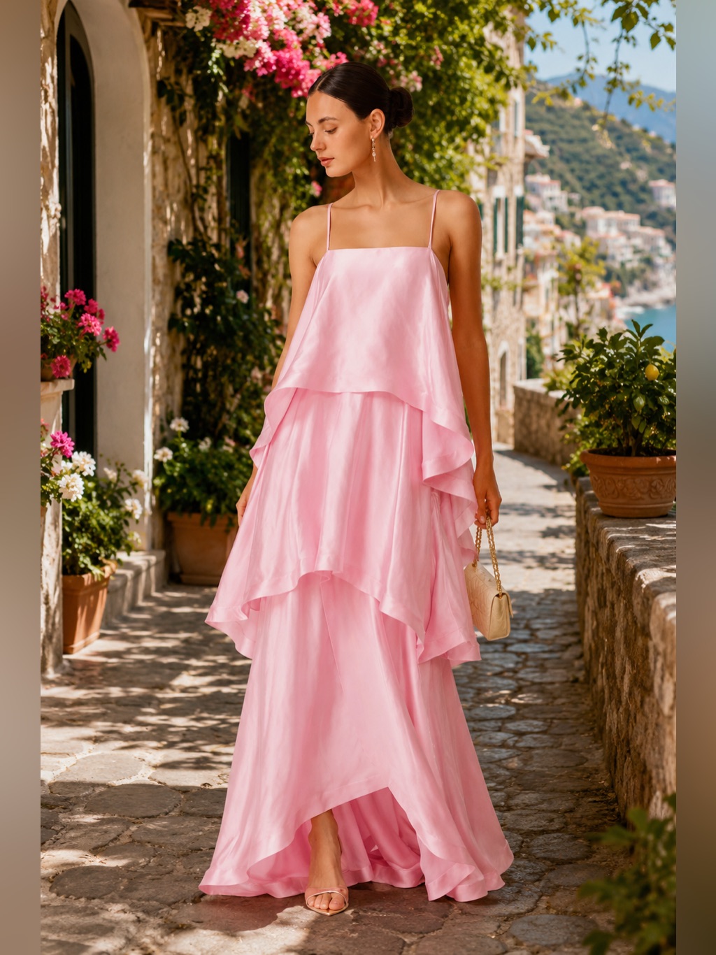 Elliatt Tilly Tiered Maxi Dress In A Pale Pink Satin Fabric Size Xxl Nwt